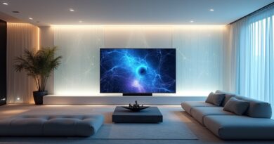 Futurystyczny salon z Google TV: wizualizacja danych z Gemini, sport, kuchnia, edukacja.