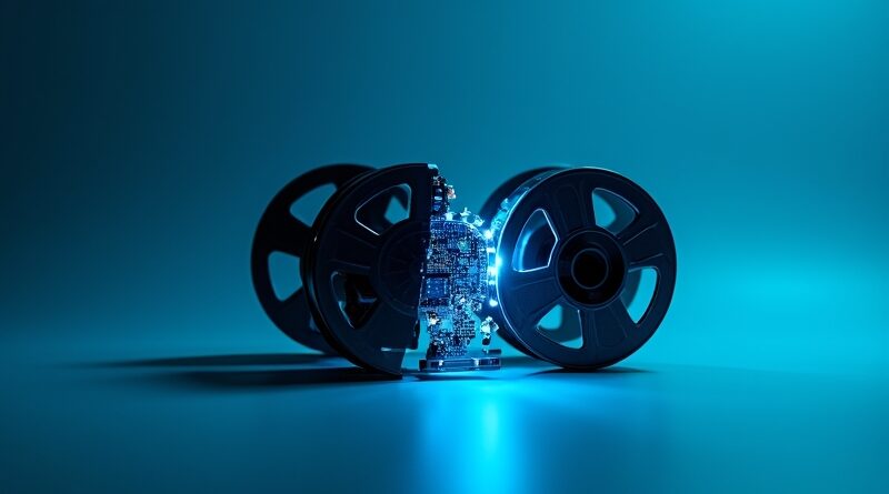 Dekonstrukcja taśmy filmowej ujawniająca świecący obwód scalony. Google Veo 3.1 Lite - przystępna cena, generowanie wideo.