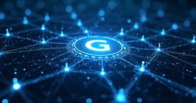 Futurystyczna przestrzeń AI z siecią świetlnych nodów zbiegających się ku ikonie Gemini.