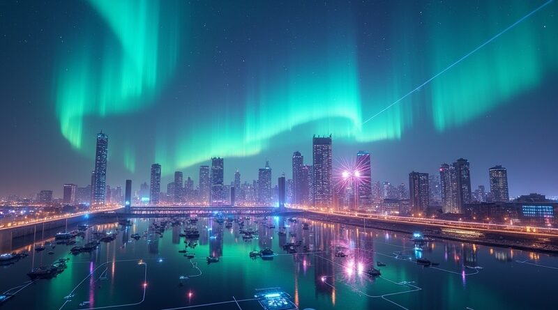 Futurystyczna panorama miasta z zorzą polarną, w której widać ikony koszyka i programów lojalnościowych.