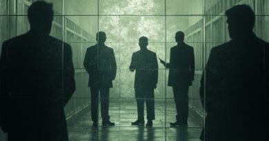 Roztrzaskane lustro odbija zniekształcone postacie pisarzy, zacierające się w kodzie. Scena sądowa, secesja.