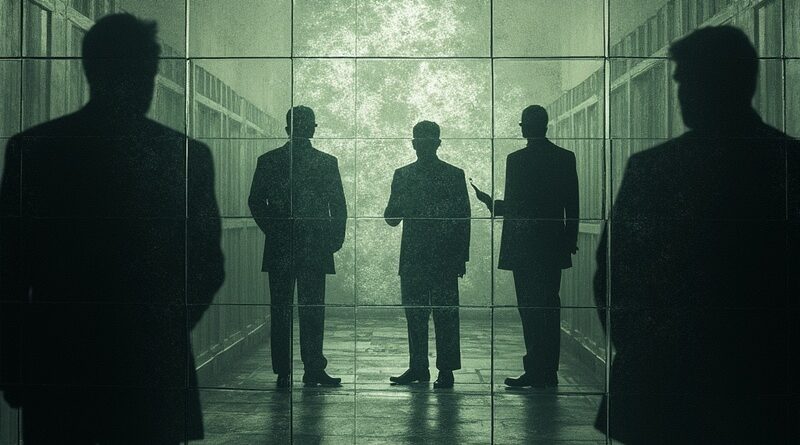 Roztrzaskane lustro odbija zniekształcone postacie pisarzy, zacierające się w kodzie. Scena sądowa, secesja.