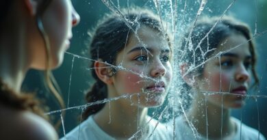 Roztrzaskane lustro. Niewinne zdjęcia z kroniki szkolnej zniekształcone cyfrową korupcją, symbolizujące wykorzystanie i manipulacje.