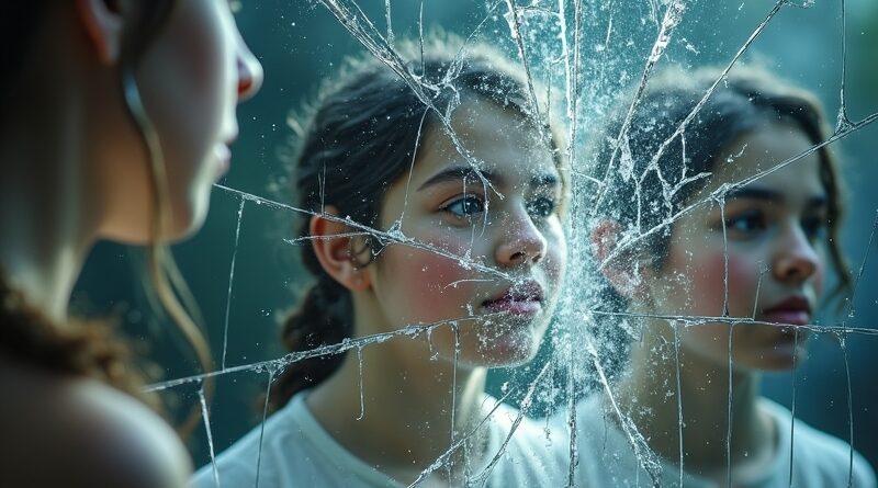 Roztrzaskane lustro. Niewinne zdjęcia z kroniki szkolnej zniekształcone cyfrową korupcją, symbolizujące wykorzystanie i manipulacje.