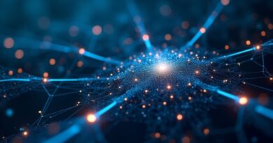 Abstrakcyjna sieć neuronowa Groka z modularnymi strukturami, przepływami danych i ikonami "Umiejętności".