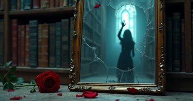 Roztrzaskane lustro odbija zniekształconą postać w bibliotece, sugerując użycie AI i etyczne dylematy.