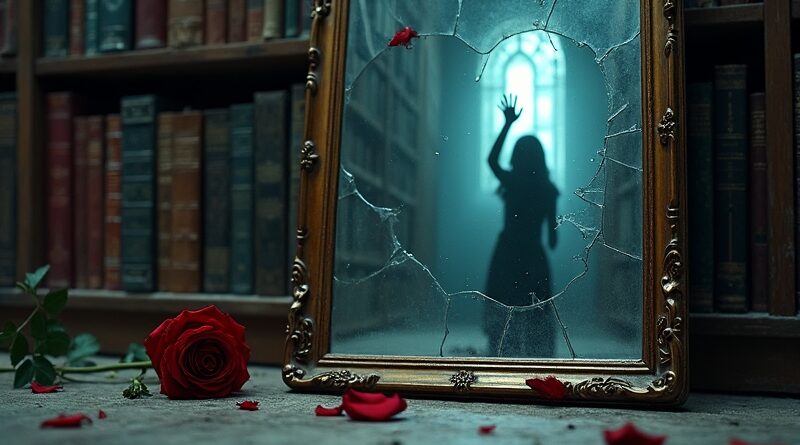 Roztrzaskane lustro odbija zniekształconą postać w bibliotece, sugerując użycie AI i etyczne dylematy.