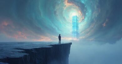 Postać na granicy cyfrowej krainy, kontemplująca minimalistyczną strukturę AI, symbol nowej relacji technologii i człowieka.