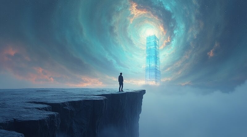 Postać na granicy cyfrowej krainy, kontemplująca minimalistyczną strukturę AI, symbol nowej relacji technologii i człowieka.