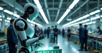 Futurystyczna fabryka BMW: humanoidalny robot AEON montuje baterię, współpracując z ludzką załogą.