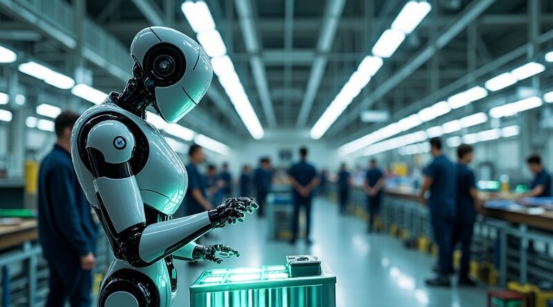 Futurystyczna fabryka BMW: humanoidalny robot AEON montuje baterię, współpracując z ludzką załogą.