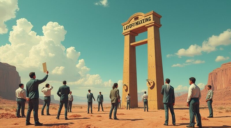 Surrealistyczny korporacyjny teambuilding, z gilotyną "LayoffMaxxing" symbolizującą lęk przed zwolnieniami w cieniu sztucznej serdeczności.