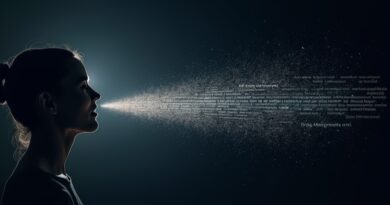 Abstrakcyjne fale dźwiękowe i symbole językowe, emanujące światłem, symbolizują syntezę mowy TADA od Hume AI.