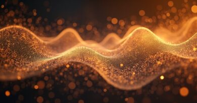 Abstrakcyjne fale dźwiękowe przeobrażające się w tekst w sieci neuronowej, symbolizujące inteligentną syntezę audio HypeScribe GPT-5.2.