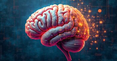 Mózg przechodzący w skomplikowaną maszynę, symbolizujący samodoskonalącą się sztuczną inteligencję.