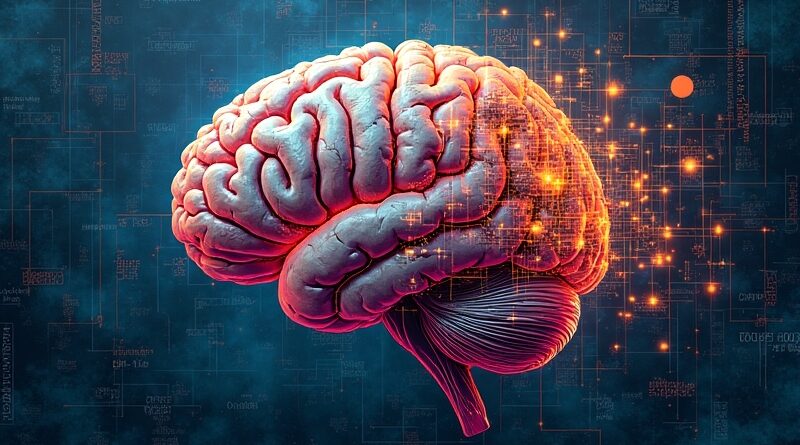 Mózg przechodzący w skomplikowaną maszynę, symbolizujący samodoskonalącą się sztuczną inteligencję.