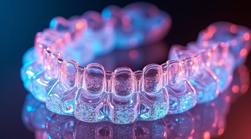 Przejrzysty aligner Invisalign przekształca się w ażurową strukturę drukowaną 3D w neonowym świetle.