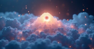 Eteryczna sieć chmur, symbol bezpieczeństwa chmurowego, z centralnym "okiem" zaufania, złoto-błękitna elegancja.