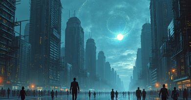 Futurystyczne miasto z obwodów drukowanych, gigantyczne oko obserwuje biegających ludzi. AI jako ocena pracy.