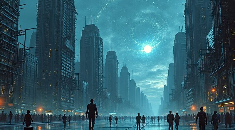 Futurystyczne miasto z obwodów drukowanych, gigantyczne oko obserwuje biegających ludzi. AI jako ocena pracy.