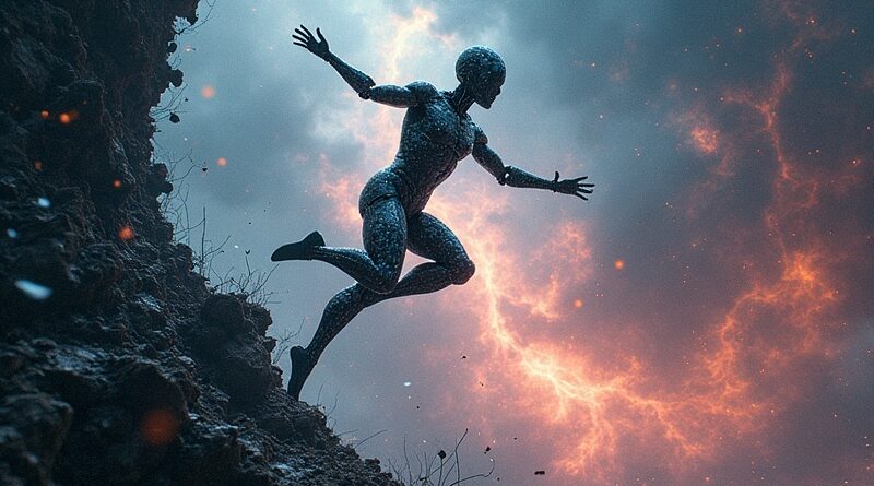 Robot z fraktali przeskakuje ścianę binarną na tle mgławicy, symbolizując postęp w uczeniu maszynowym.