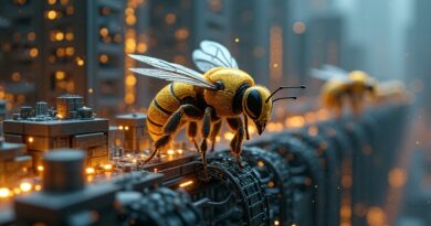 Rój robotycznych pszczół buduje futurystyczne miasto danych, kierowany przez złotą pszczołę-lidera, w tle sieć neuronowa.
