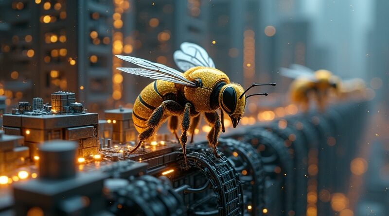 Rój robotycznych pszczół buduje futurystyczne miasto danych, kierowany przez złotą pszczołę-lidera, w tle sieć neuronowa.
