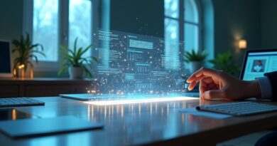 Eteryczna przestrzeń pracy z hologramami danych i interfejsem Gemini w Google Workspace. Światło, minimalizm, produktywność.