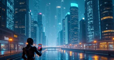 Futurystyczne miasto nocą. Sieci neuronowe w niebie, roboty i dane. AI wspomaga, nie zastępuje.