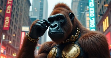 Steampunkowy goryl-automat z mosiądzu w futurystycznym mieście API, symbolizuje strategiczne przygotowania firmy Kong.