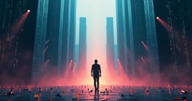 Muzyk na scenie z kodu, w tle wieżowce korporacji. Walka artysty z AI.