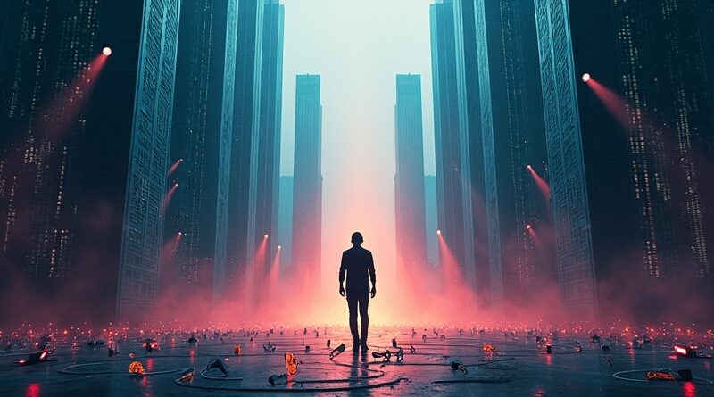 Muzyk na scenie z kodu, w tle wieżowce korporacji. Walka artysty z AI.