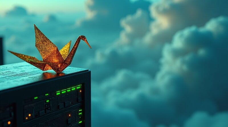 Kwantowa kompresja AI: Origami żuraw z obwodu, siedzący na serwerach przeciwko kryzysowi chmury.