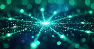 Abstrakcyjna, cyfrowa fabryka SI z centralnym węzłem, w odcieniach NVIDIA green i NTT DATA blue.