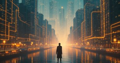 Surrealistyczna wizja miasta: neuralne sieci pulsują złotem nad finansowym dystryktem, symbolizując AI w krwiobiegu Manulife.
