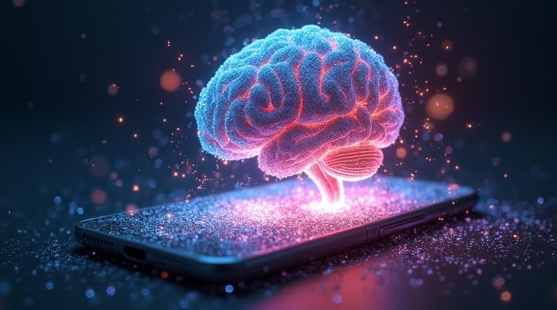 Cyfrowy mózg wyłania się z rozbitego ekranu smartfona. Neuralne sieci kwitną z fragmentów ikon aplikacji.