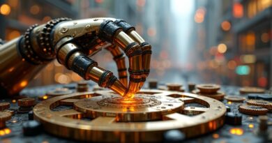 Robotyczne ramię w stylu steampunk składa precyzyjne mechanizmy zegarowe na tle futurystycznego miasta AI.