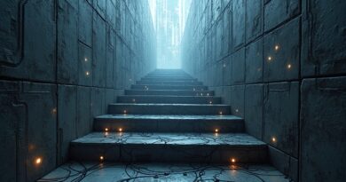 Escherowska klatka schodowa przechodząca w sieć neuronową, korporacyjne monstrum w tle. Integracja AI.