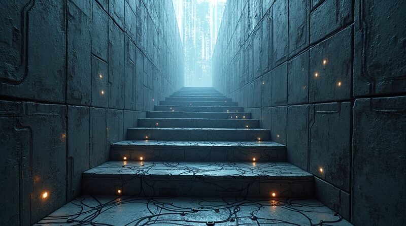 Escherowska klatka schodowa przechodząca w sieć neuronową, korporacyjne monstrum w tle. Integracja AI.