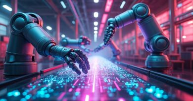 Surrealistyczna linia produkcyjna: robotyczne ramiona z cyfrowych krajobrazów montują obiekty. Neonowe barwy łączą się z metalicznymi tonami robotów.