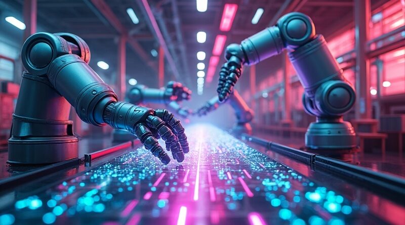 Surrealistyczna linia produkcyjna: robotyczne ramiona z cyfrowych krajobrazów montują obiekty. Neonowe barwy łączą się z metalicznymi tonami robotów.