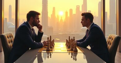 Szachy w futurystycznym biurze: tech-magnaci kontra AI, złote światło, napięcie strategiczne.