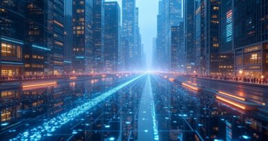 Futurystyczne miasto: lśniące sieci neuronowe symbolizują autonomiczne transakcje AI, rzeki danych płyną przez metalowe wieżowce.