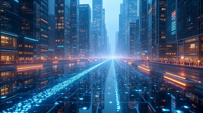 Futurystyczne miasto: lśniące sieci neuronowe symbolizują autonomiczne transakcje AI, rzeki danych płyną przez metalowe wieżowce.