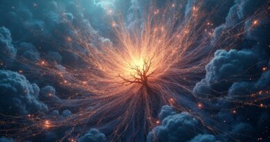 Rozległa, cyfrowa sieć neuronowa symbolizująca samouczące się systemy AI, rozwijająca się w nieograniczoną bibliotekę wiedzy.