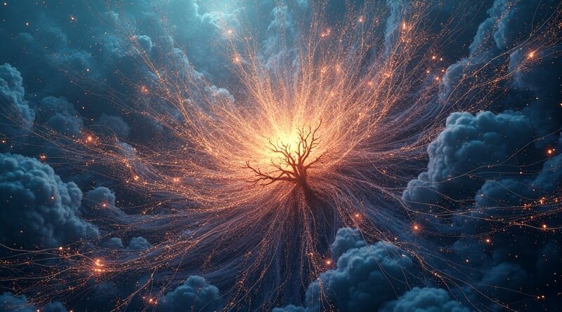 Rozległa, cyfrowa sieć neuronowa symbolizująca samouczące się systemy AI, rozwijająca się w nieograniczoną bibliotekę wiedzy.