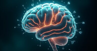 Rozświetlony mózg za potłuczonym lustrem. Odłamki odbijają strumienie danych, które stają się klarowne. Inteligencja i nadzieja.