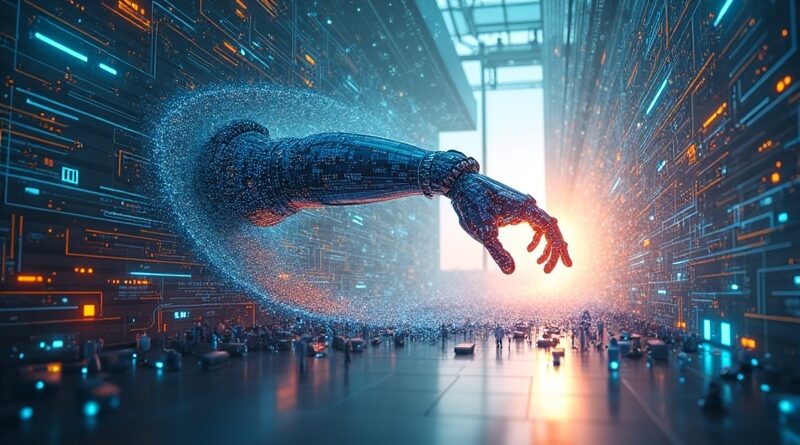 Abstrakcyjne ramię robota wyłania się z cyfrowego wiru, ukazując symulację zero-shot.