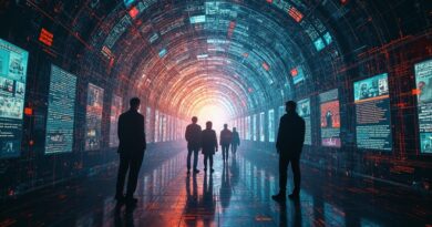 Abstrakcyjny wir cyfrowych ekranów i postaci politycznych pochłanianych przez strumień danych, w barokowo-cyberpunkowej stylistyce.