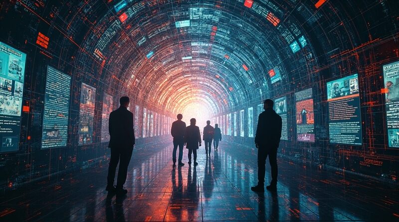 Abstrakcyjny wir cyfrowych ekranów i postaci politycznych pochłanianych przez strumień danych, w barokowo-cyberpunkowej stylistyce.